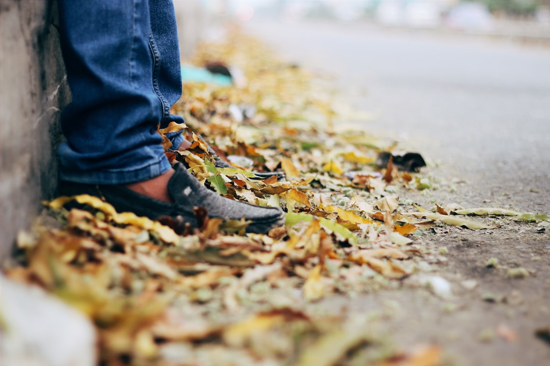 person in blue denim jeans and brown leather boots standing on brown dried leaves on the near on on on